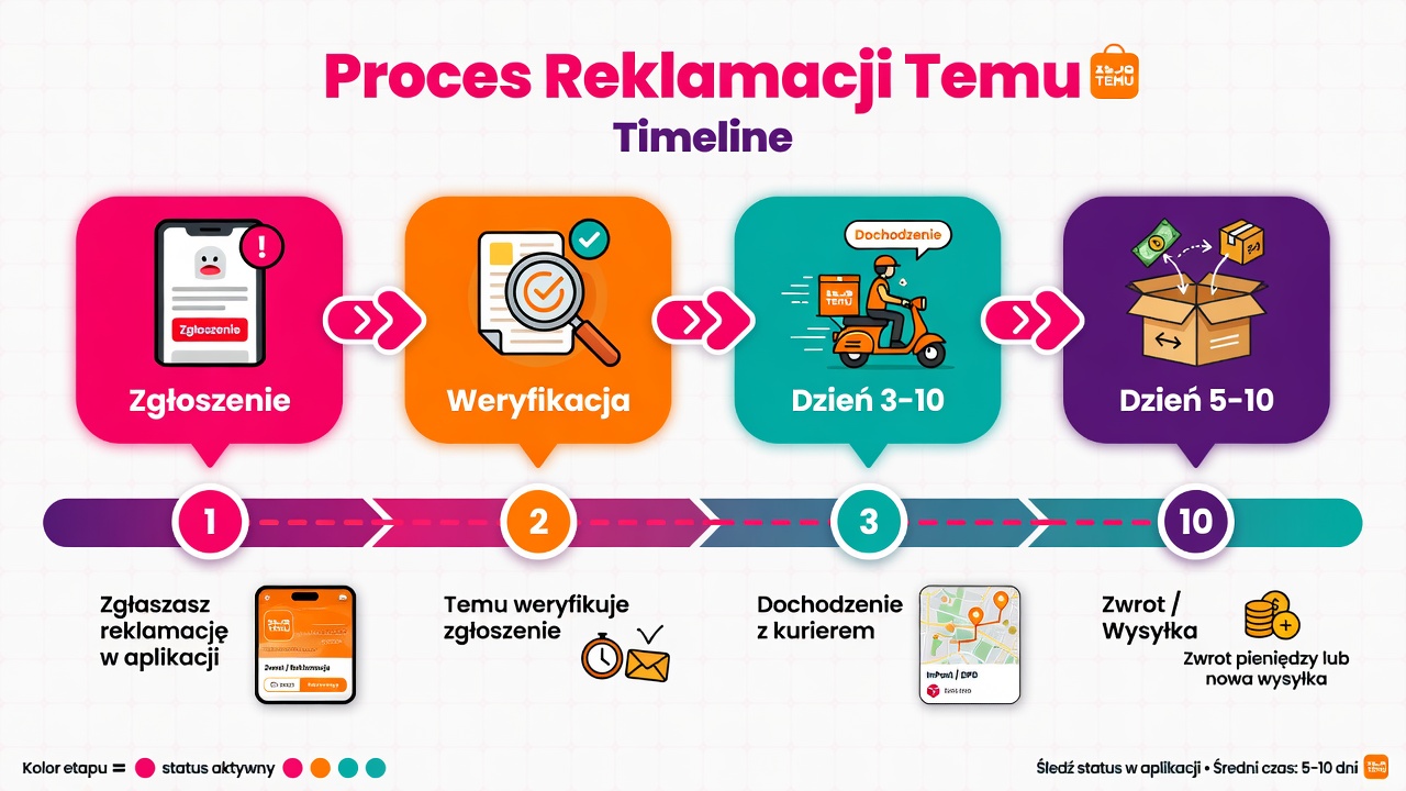 Timeline grafika pokazująca proces reklamacji Temu