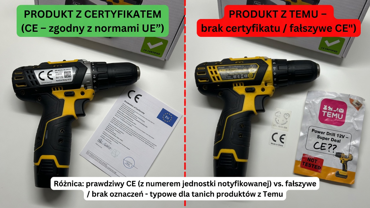  Zdjęcie porównujące produkt z certyfikatem CE (z wyraźnym oznakowaniem) i produkt bez certyfikatu z Temu