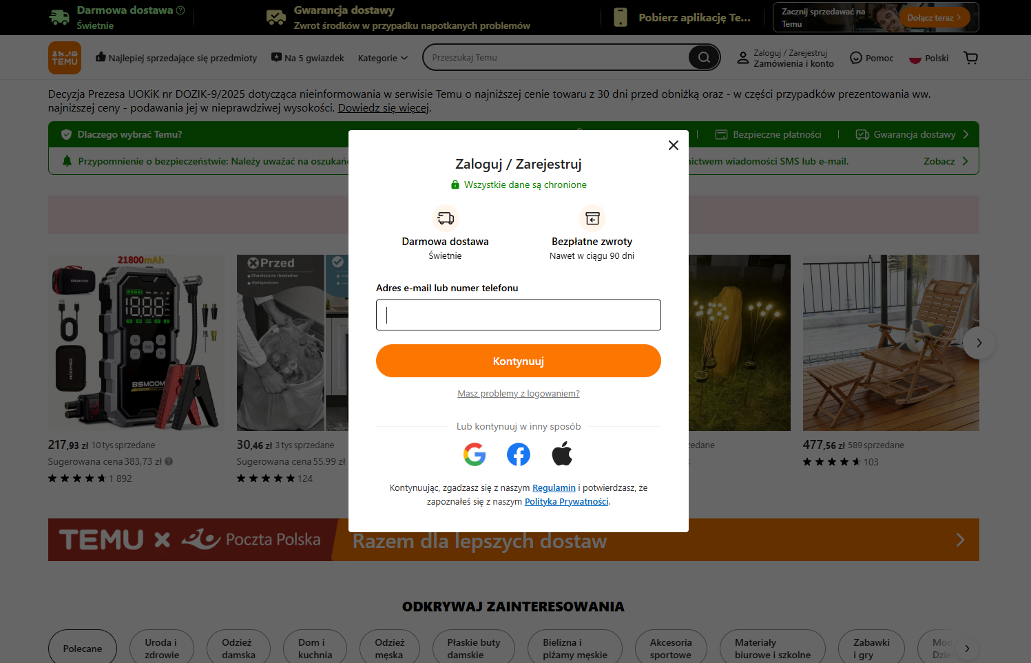  Zrzut ekranu okna rejestracji/logowania z widocznymi opcjami: e-mail, telefon, Google, Facebook, Apple