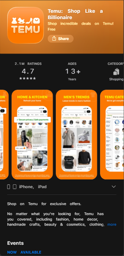 temu on iphone