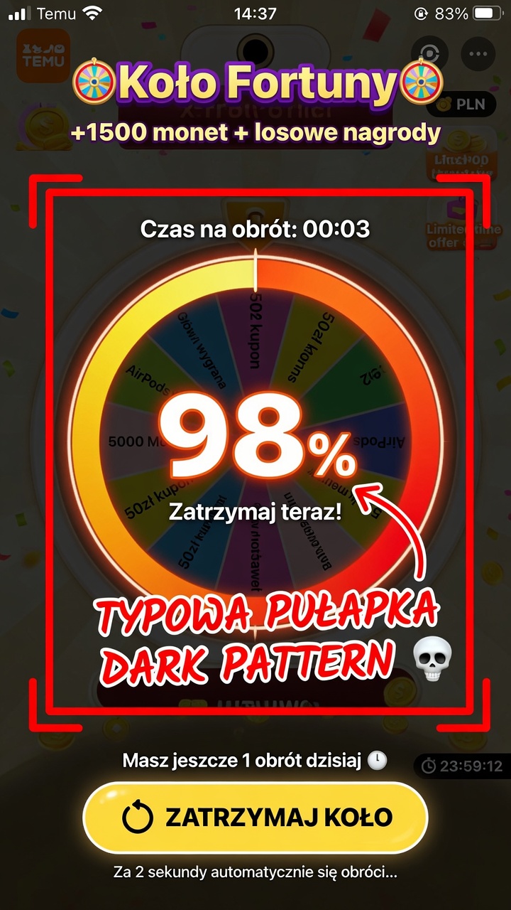 typowa pułapka dark pattern
