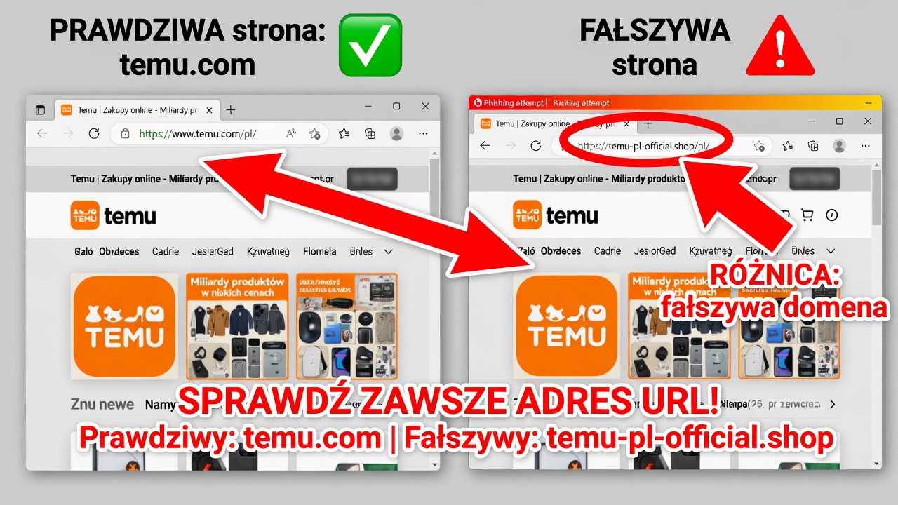 Porównanie dwóch zrzutów ekranu – prawdziwa strona temu.com i strona phishingowa z podobnym layoutem, z czerwonymi strzałkami wskazującymi na różnice w URL